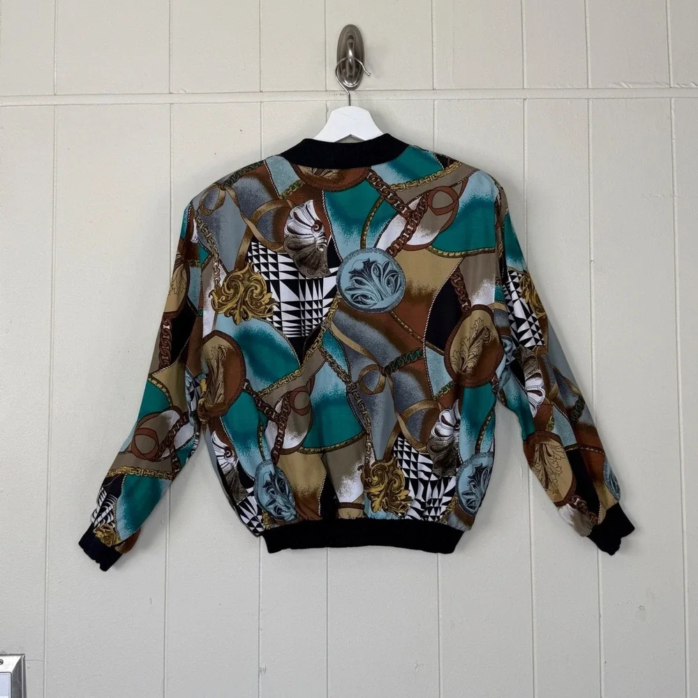 Vintage Clio Womens 90s Baroque Chain Print Bomber Jacket Size S/M Retro‎